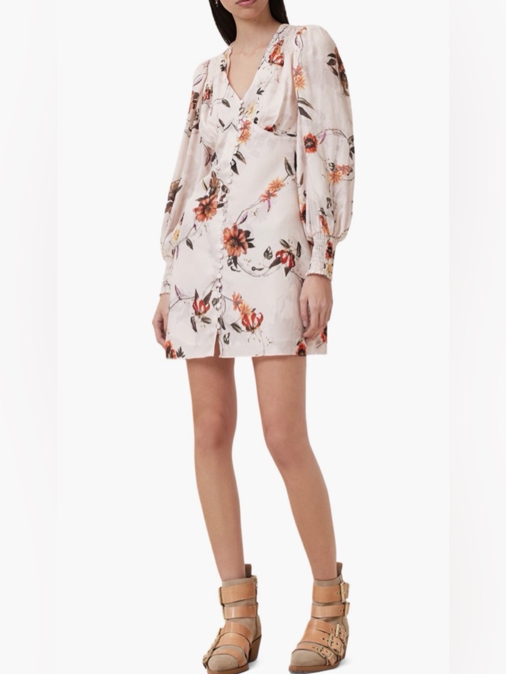 ALLSAINTS Auden Sanibel Floral Jacquard Long Sleeve Dress Unity Ecru White US 6